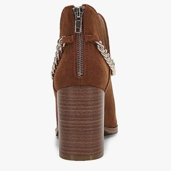 Cutout Booties Chain Pointed Toe Stacked High Heel Back Zipper, Size 9.5 - Picture 5 of 8